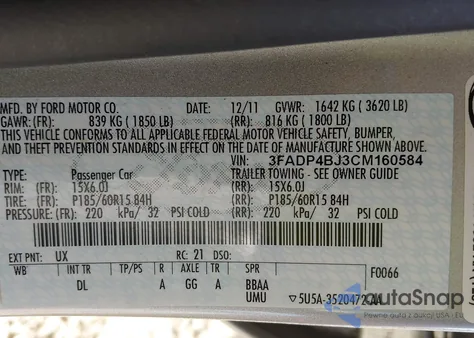 2012 Ford Fiesta Se z USA, uszkodzony, nr VIN 3FADP4BJ3CM160584